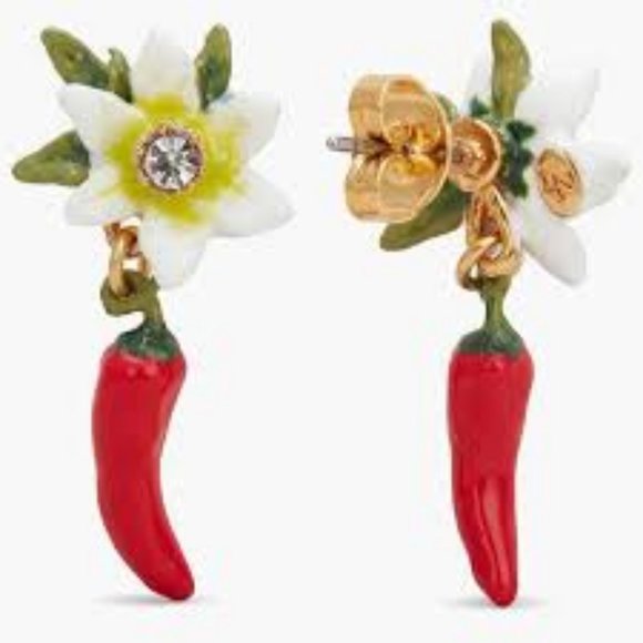 🆕 LES NEREIDES 🧿 Red Chilli & Lily Flower Earrings 🧿 Cornicello Pepper  🪬 - Picture 2 of 13